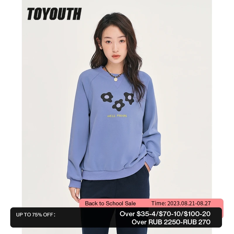 

Toyouth Women Fleece Sweatshirt 2022 Winter Long Sleeve O Neck Loose Hoodie Floral Print Warm Casual Streetwear Pullover