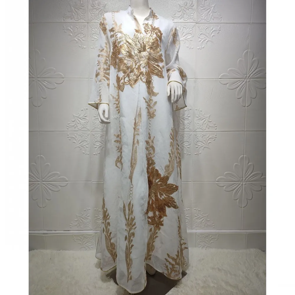 Ladies Robe Dubai Arabian Long Sleeve Dress Slim Women Gold Sequin Embroidered Loose Muslim Long Skirt Spring African Clothing