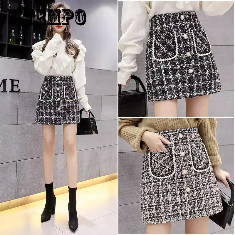 WTEMPO осень-зима клетчатая шерстяная юбка женская жемчужная пуговица твидовая
