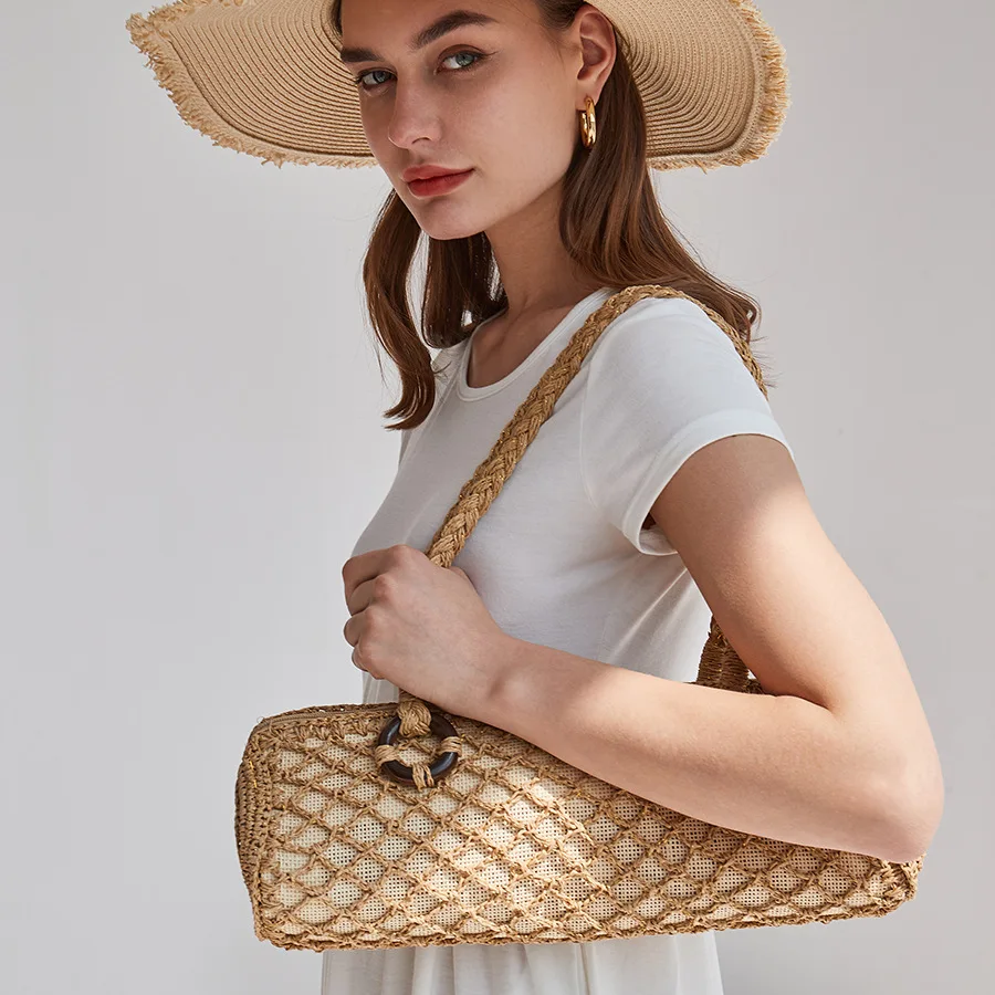 

2022 Summer Sraw Shoulder Bag For Women, Long handBag With Top Handle For Beach And Vacation, Log shaped Lux Replica