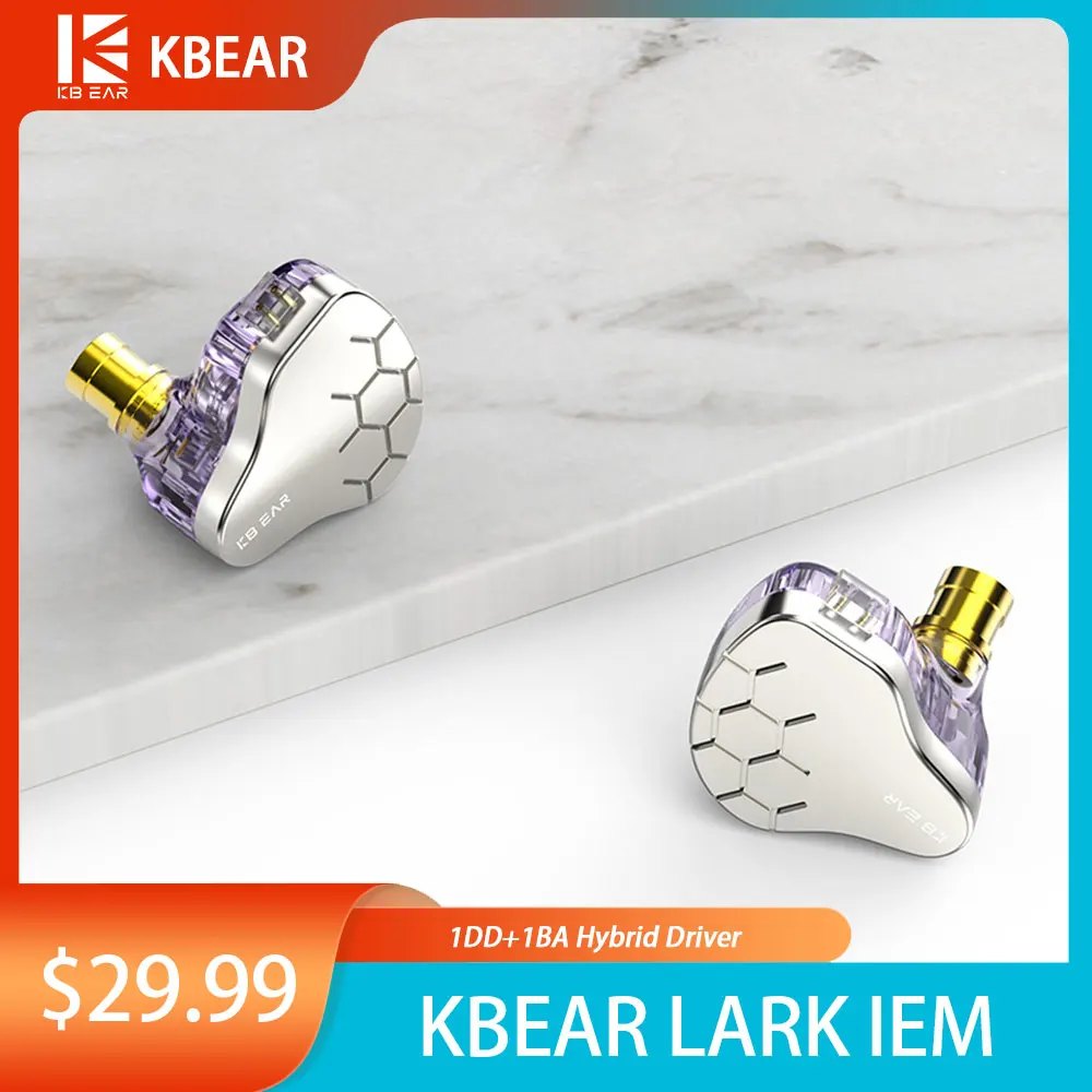 

KBEAR Lark Wired Best In Ear IEM HIFI Earphone 1DD+1BA Hybrid Driver Bass Headphone Monitor with 4N Silver Plated 2PIN Cable Mic