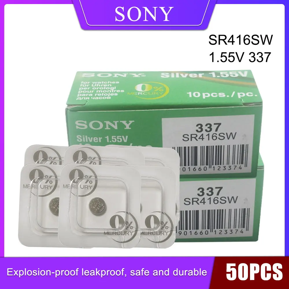 

50Pcs/lot For Sony 100% Original 337 SR416SW 1.55V Silver Oxide Watch Battery SR416SW 337 Button Coin Cell MADE IN JAPAN