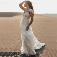 boho sweetheart a line wedding dresses beach illusion lace appliques tulle floor length robe de mari%c3%a9e court train bridal gowns