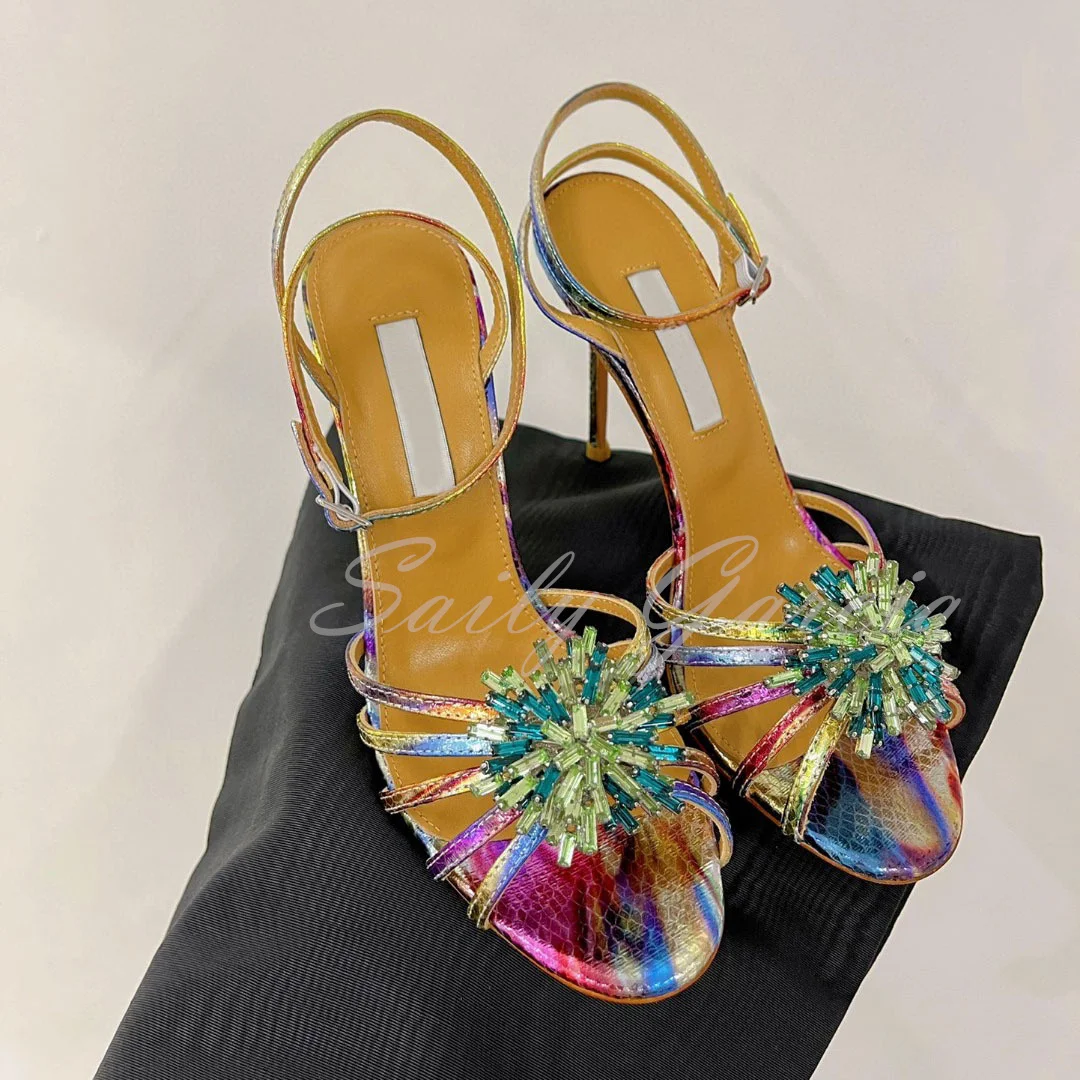 Snowflake Rhinestone High Heel Sandals Women Round Toe Thin Strip Hollowed Out Buckle Strap Sexy Stiletto Pumps