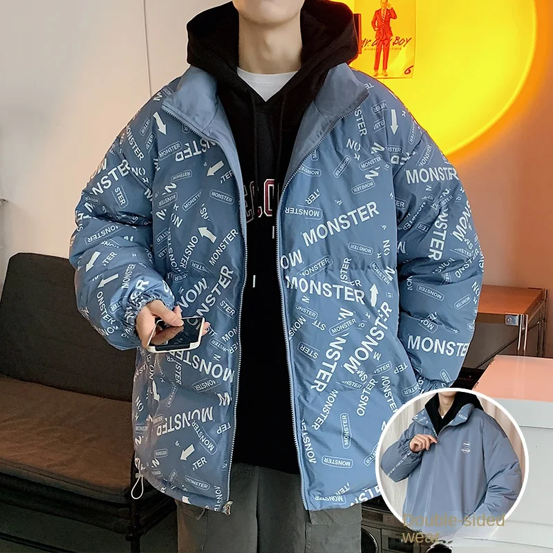 2022 New Style Reversible Thickened Padded Jacket Men's Autumn and Winter Loose Printed Padded Jacket Warm Padded Jacket