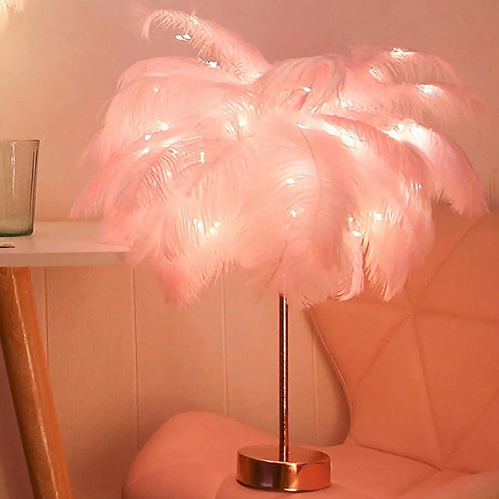 

Remote control feather table lamp wedding lampshade home living room children bedroom USB DIY creative warm light tree feather