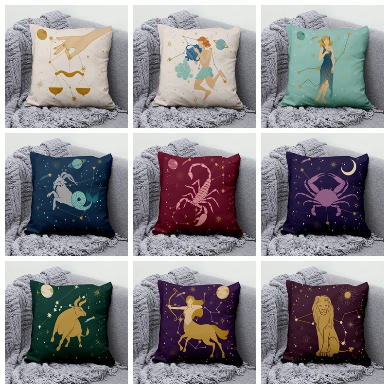 

Twelve Constellations Series Throw Pillow Case Symbol Constellation Pattern Decorative Cotton Linen Square Cushion Cover 45x45