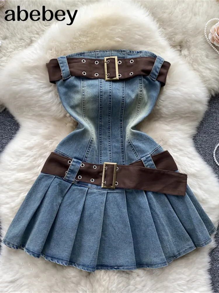 

Американское джинсовое мини-платье в стиле ретро без бретелек с поясом, тонкое Плиссированное Сексуальное Женское Платье, уличная одежда, к...