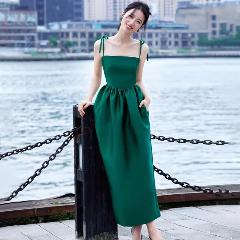 

Evening Dress Square Collar Simple Elegant Ankle-Length Spaghetti Strap A-Line Zipper Back Green Woman Formal Party Gown A2439