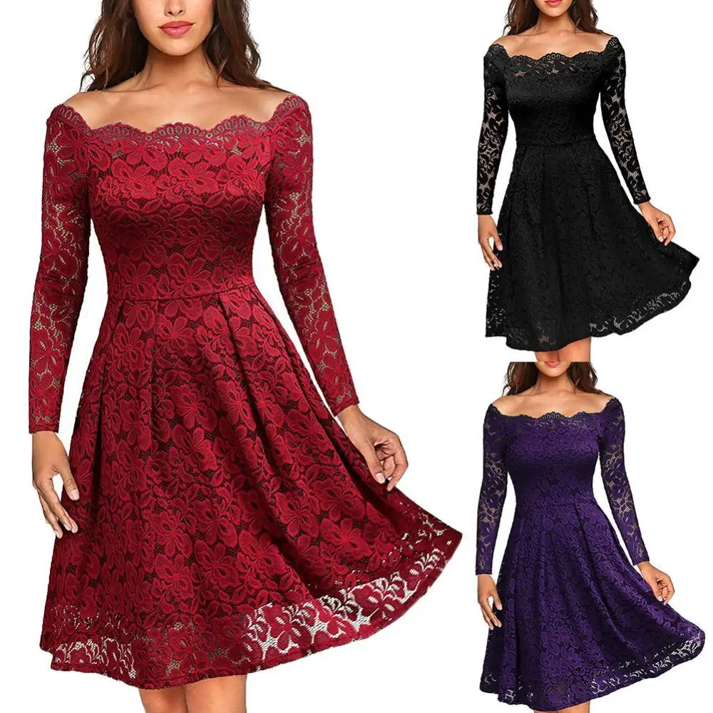 

Женское кружевное платье миди с открытыми плечами, длинным рукавом и облегающей талией