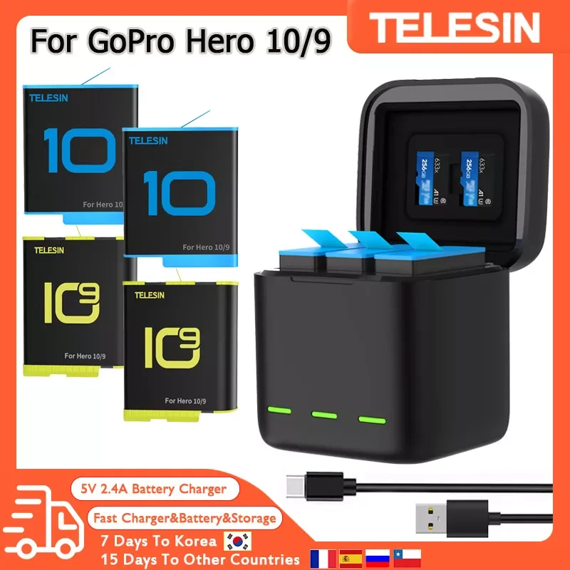 

2023New Original TELESIN Battery 1750 mAh For GoPro Hero 10 9 Charger Case Smart Rechargeable Batteries Storage Box Go Pro Acces
