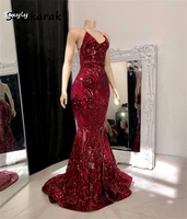 luxury burgundy sequin mermaid prom dress for black girls sexy v neck cross backless african evening gowns 2022 sparkly formal