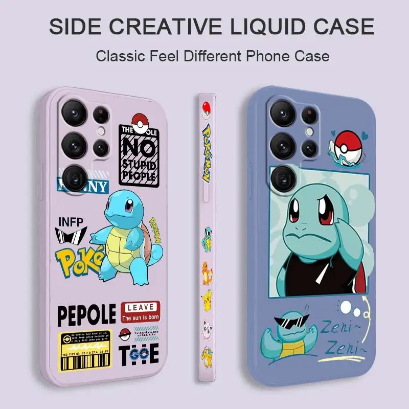 

Cute Pokemon Squirtle Pikachu Phone Case For Samsung Galaxy S23 S22 S21 S20 FE S10 Ultra Plus Lite 5G Liquid Left Rope Cover