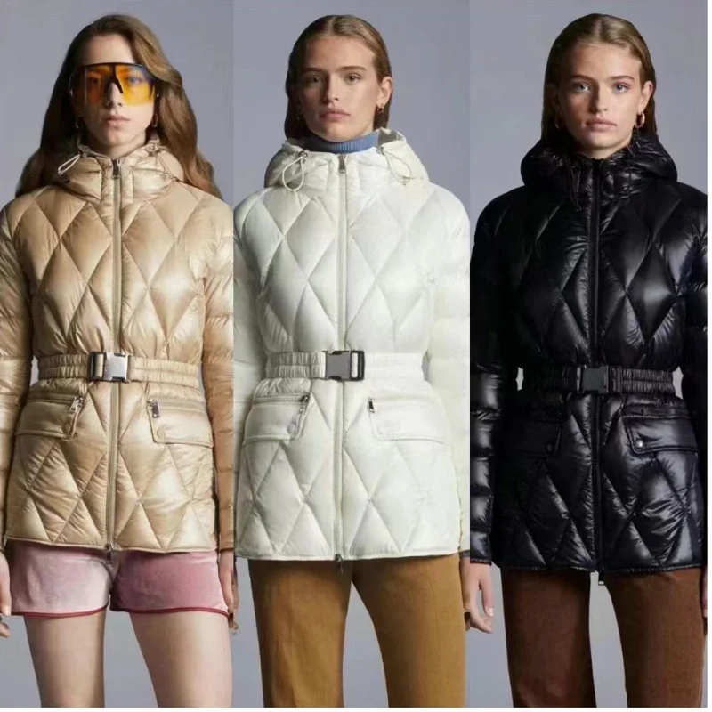 

2023 New Women's Hooded Winter Lace-up Waist Down Jacket 90 Eiderdown Fashion Diamond Plaid Thicken Warm Down Coat with Belt