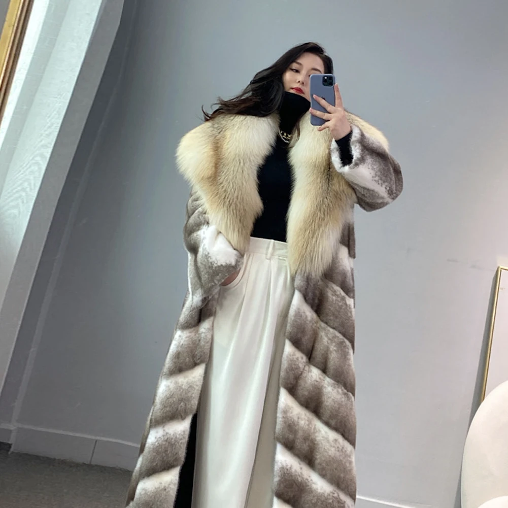 Denny&Dora Women's Mink Fur Coat With Fox Fur Collar Long Winter Women Overcoat Grey Fur Coat