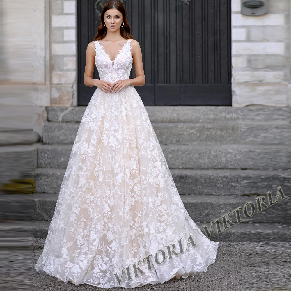 

VIKTORIA Pastrol Wedding Dress Tank Deep-V Sleeveless Cut Out For Woman Bridal A-LINE Appliques Vestidos De Novia Custom Made