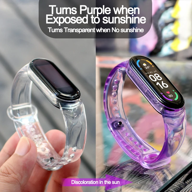 

For Mi Band 7 6 5 4 3 Watch Band Transparent See Light Change Color Silicone Replacement Bracelet Smart Sports Fitness Wrist