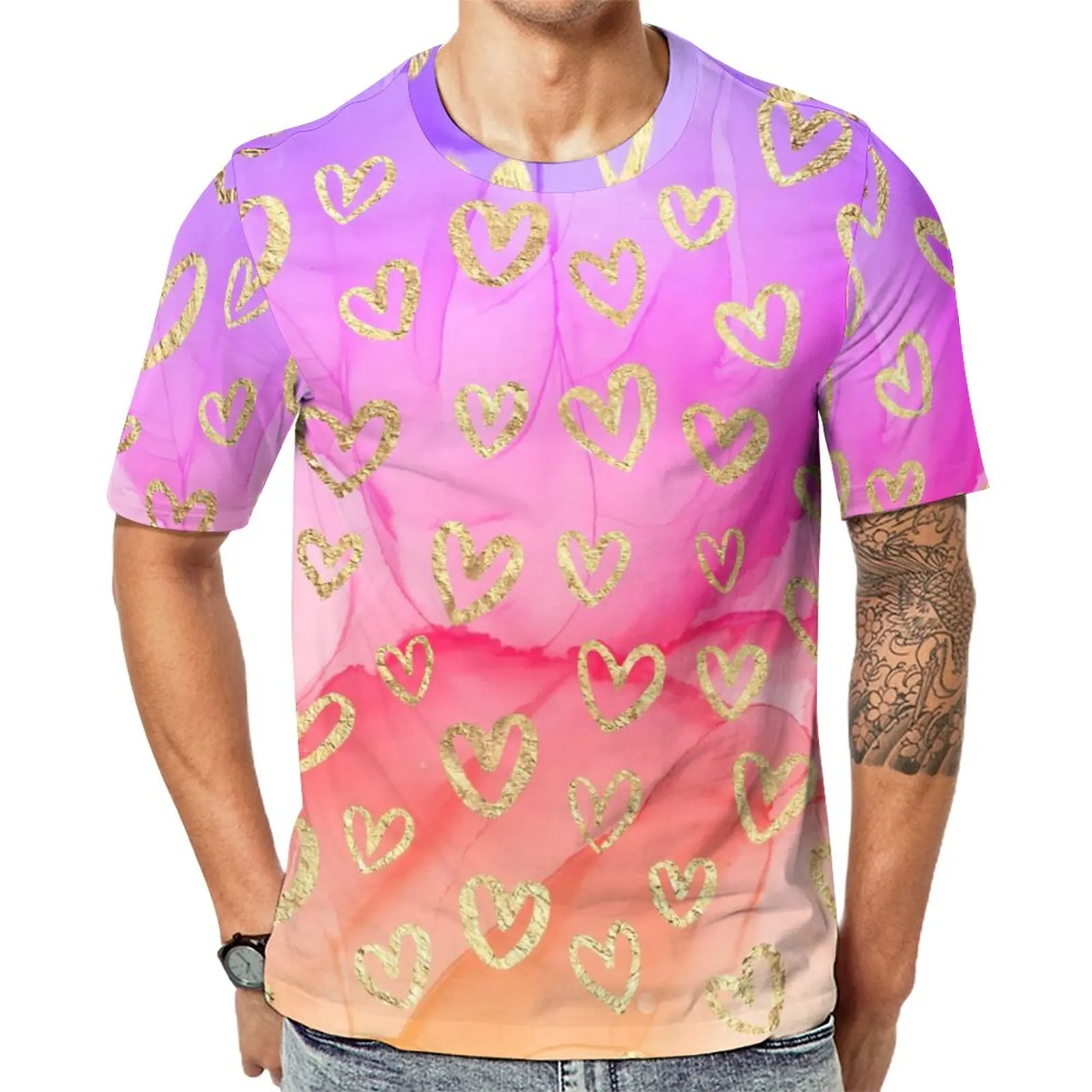 

Gold Hearts T-Shirt Purple Pink Tie Dye Print Man Trendy T Shirts Summer Tee Shirt Basic Big Size Clothing Birthday Gift