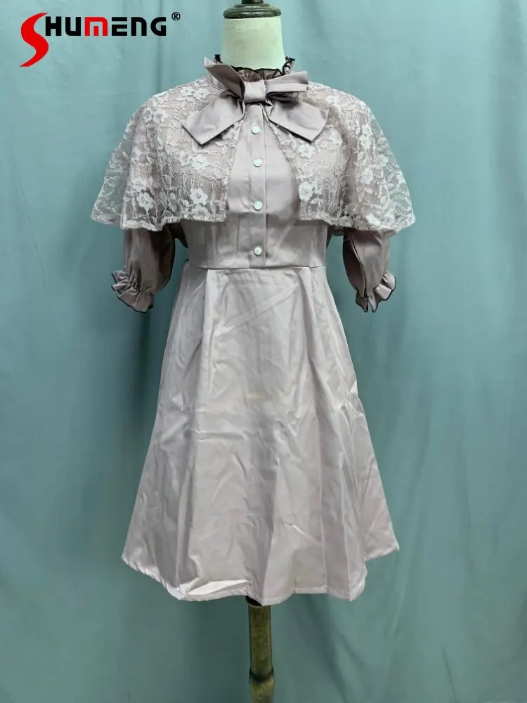 

Женское кружевное платье с коротким рукавом, розовое платье в японском стиле с имитацией двух частей, Новинка лета 2023