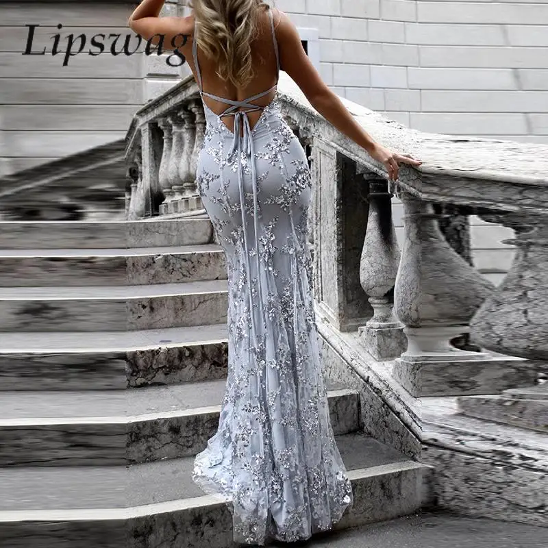 

Sexy Women Tie-up Backless Evening Dress Elegant Sling Deep V Neck Long Dresses Fashion Glitter Floral Mesh Wedding Party Dress