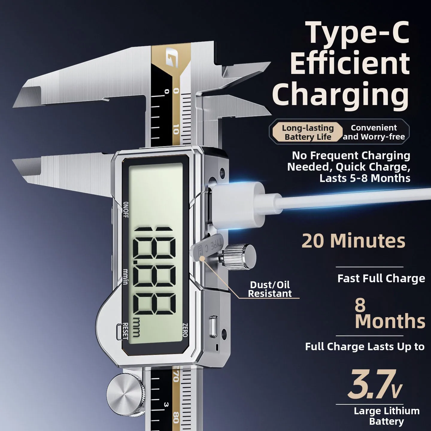 Фото Цифровой штангенциркуль с зарядным портом Type-C, 150/200/300 мм, точность 0,01 мм, нержавеющая сталь, корпус из АБС-пластика толщиной 3,5 мм №2