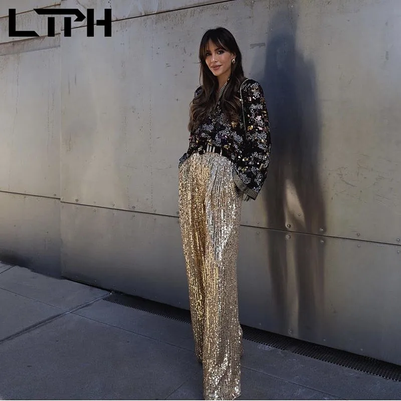 LTPH модные брюки с блестками женские уличные широкие высокой талией Элегантные