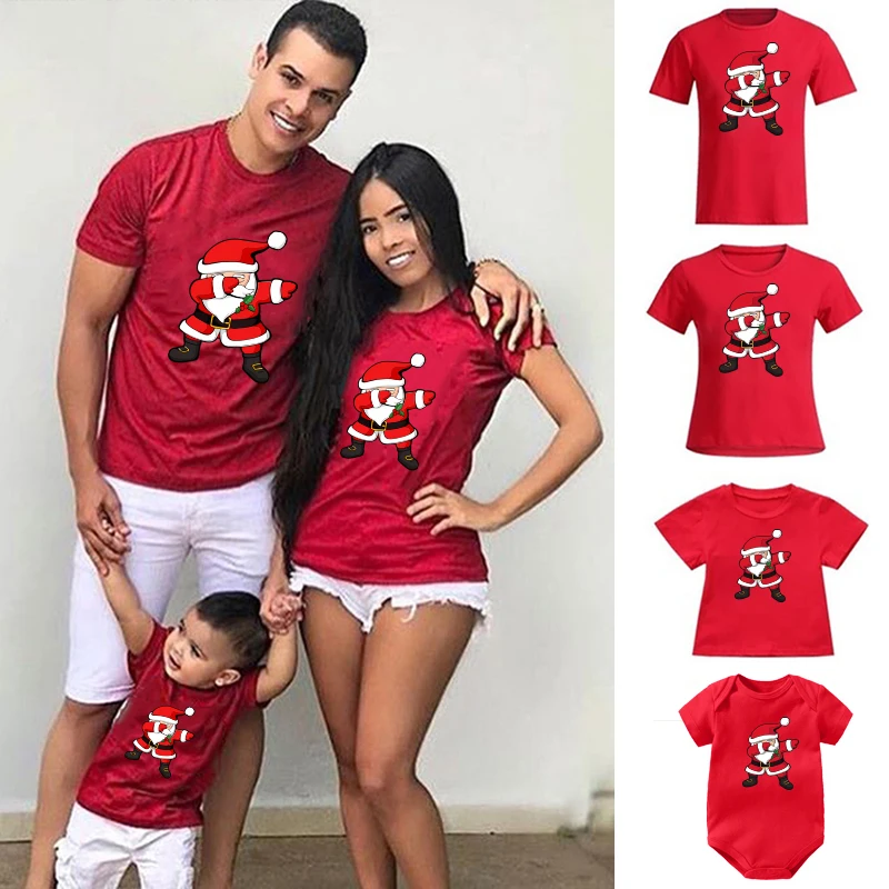 

2023 Family Clothing Set Christmas Matching Outfits Mother Daughter Short Sleeve T-shirts Red Xmas Santa Mother Kids Clothes