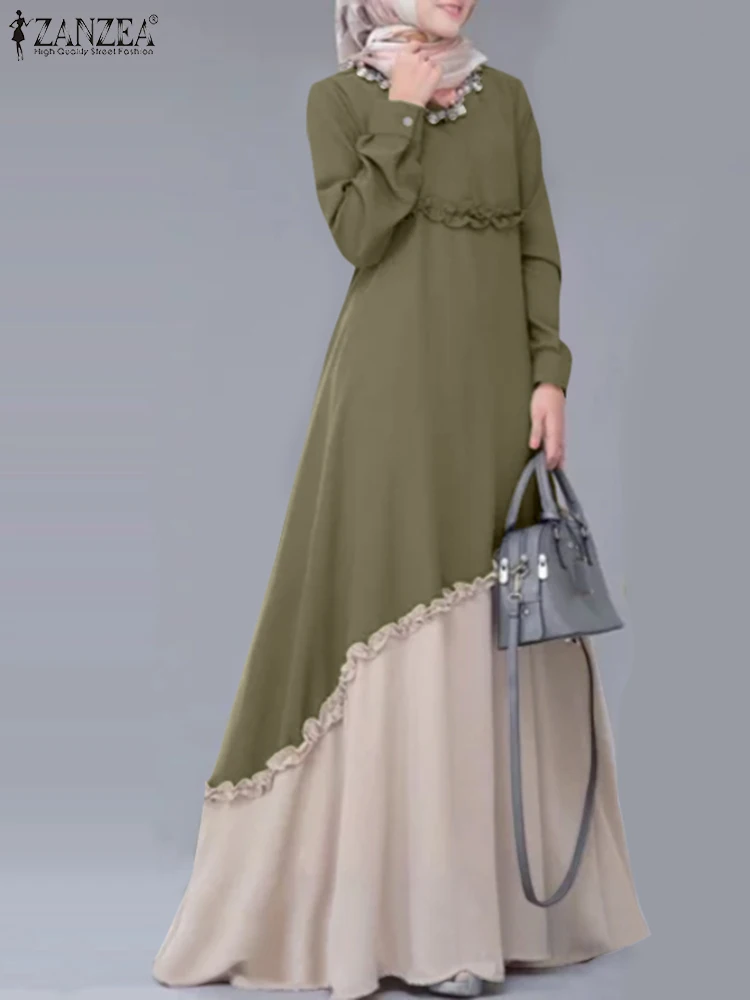 

ZANZEA Women Muslim Dress Islamic Clothing O-Neck Long Sleeve Contrast Color Vestidos Elegant Casual Loose Abaya Hijab Robe 2022