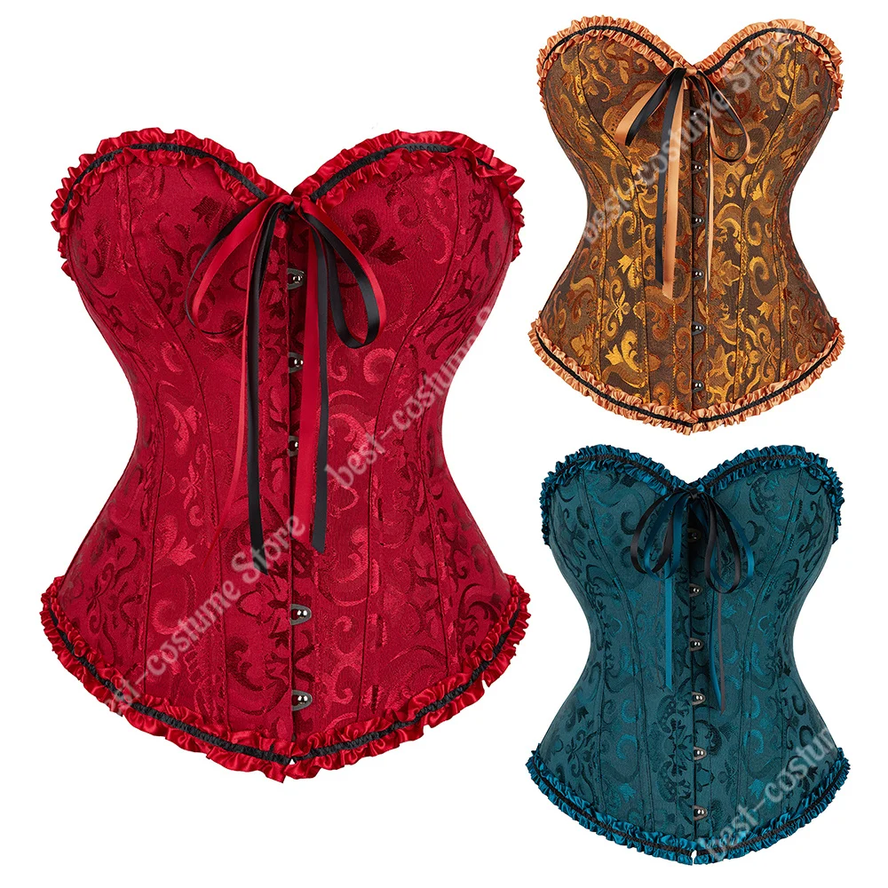 

Gold Corsets for Women Victorian Floral Lace Corset Top Plus Size Steampunk Corset Yellow Red Green Sexy Bustiers