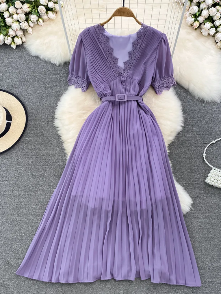 

Платье Foamlina женское с цветочным кружевом, элегантное приталенное вечернее длинное Плиссированное с V-образным вырезом и коротким рукавом, с поясом и высокой талией, на лето