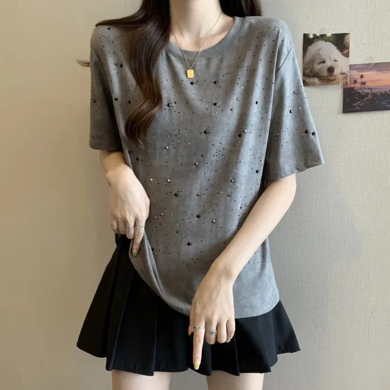 Plus Size B064 New Full Diamond Star Quotation Mark Slimming Fashion Casual Versatile Short Sleeve T-Shirt For Women |