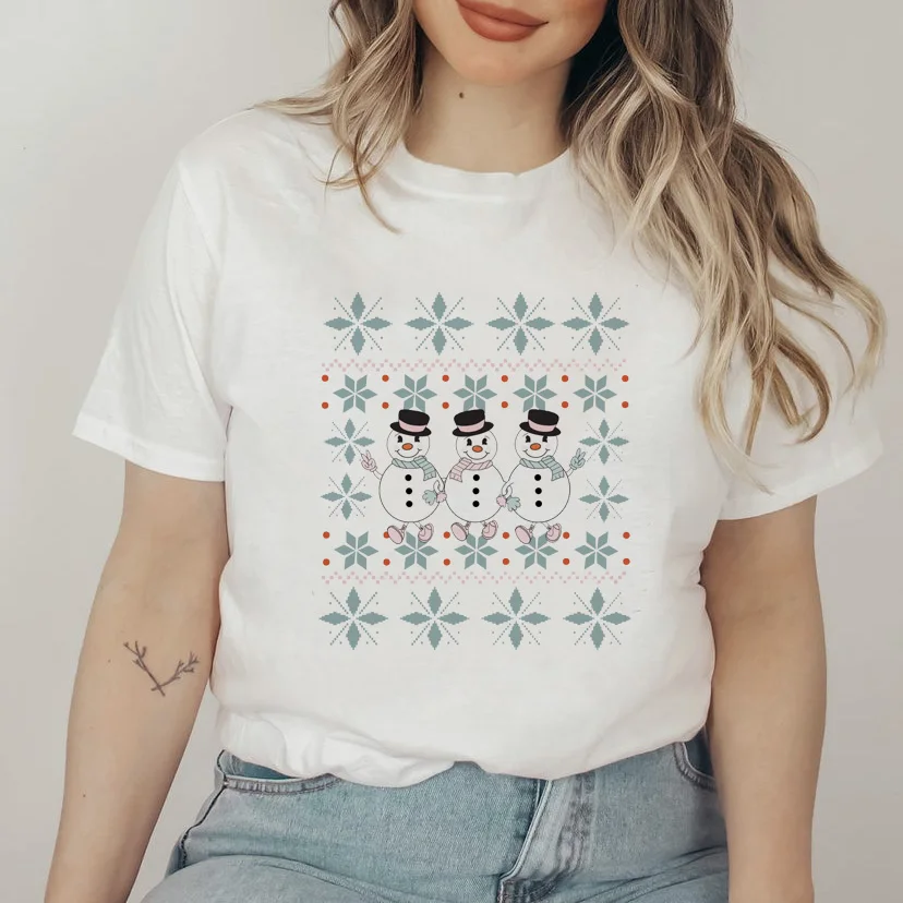 

New Women's Fashion New Cute Christmas Snowman Cartoon Casual Print T-shirt Christmas T-shirt Casual Women's White T-shirt.