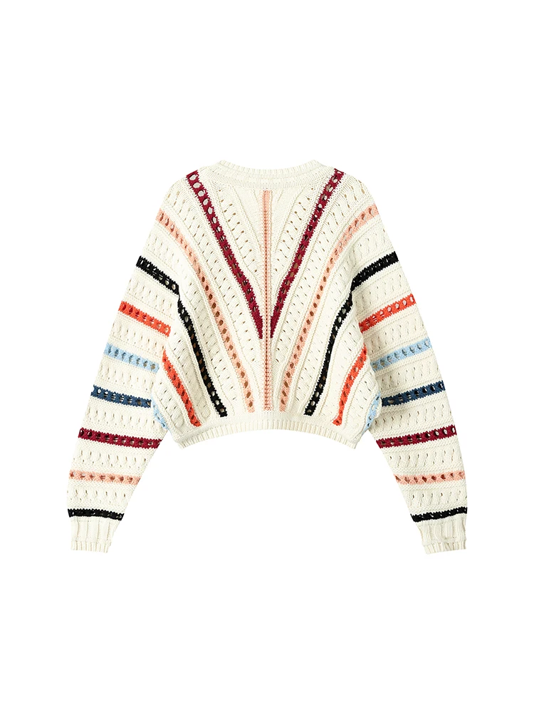 Women New Autumn Winter Crew-neck Hollow Out Contrast Color Striped Knitwear Baggy Long Sleeve Design Knitted Pullover Sweater