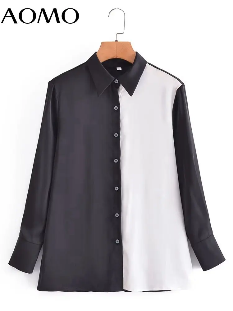 

Женская Свободная блузка AOMO с цветными блоками, шикарная рубашка с длинным рукавом, модель 2022 года, 2G12A
