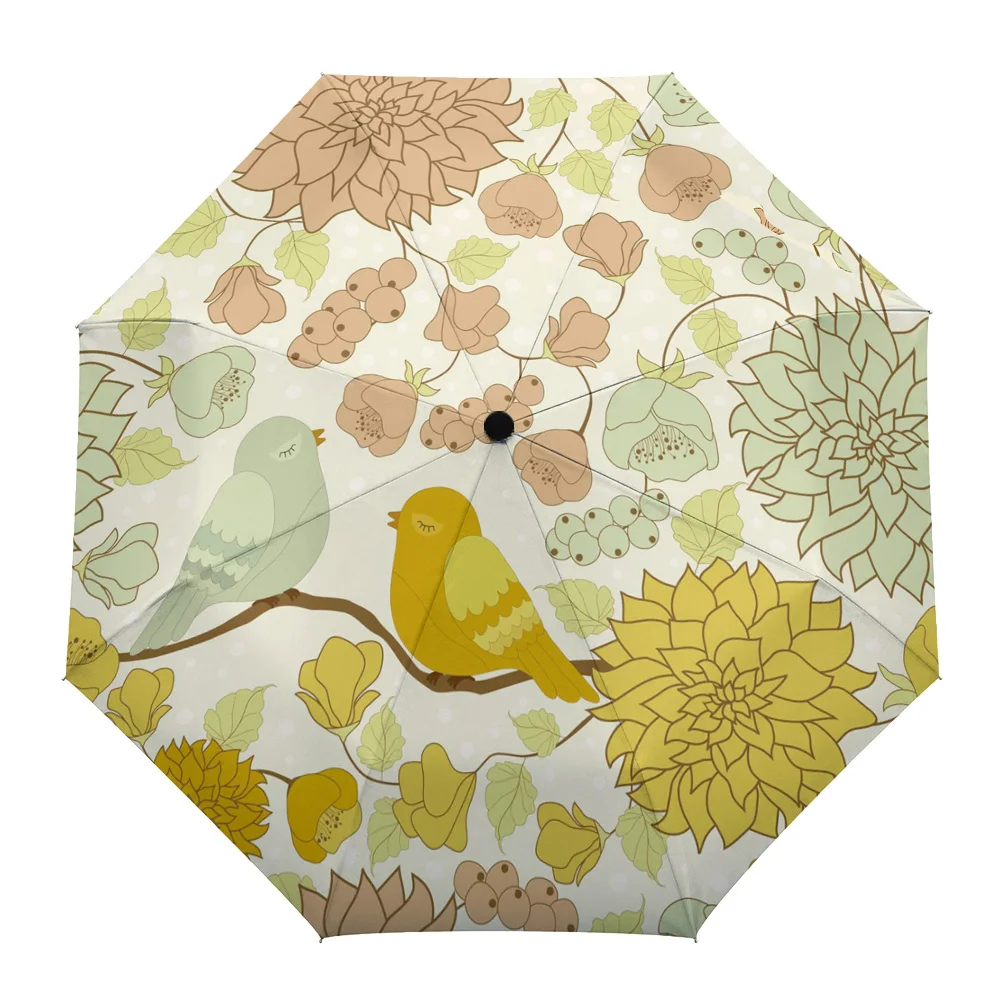 

Flowers Birds Branches Fully-automatic Umbrella for Outdoor Kids Adults Printed Umbrella Foldable Eight Strand Umbrella