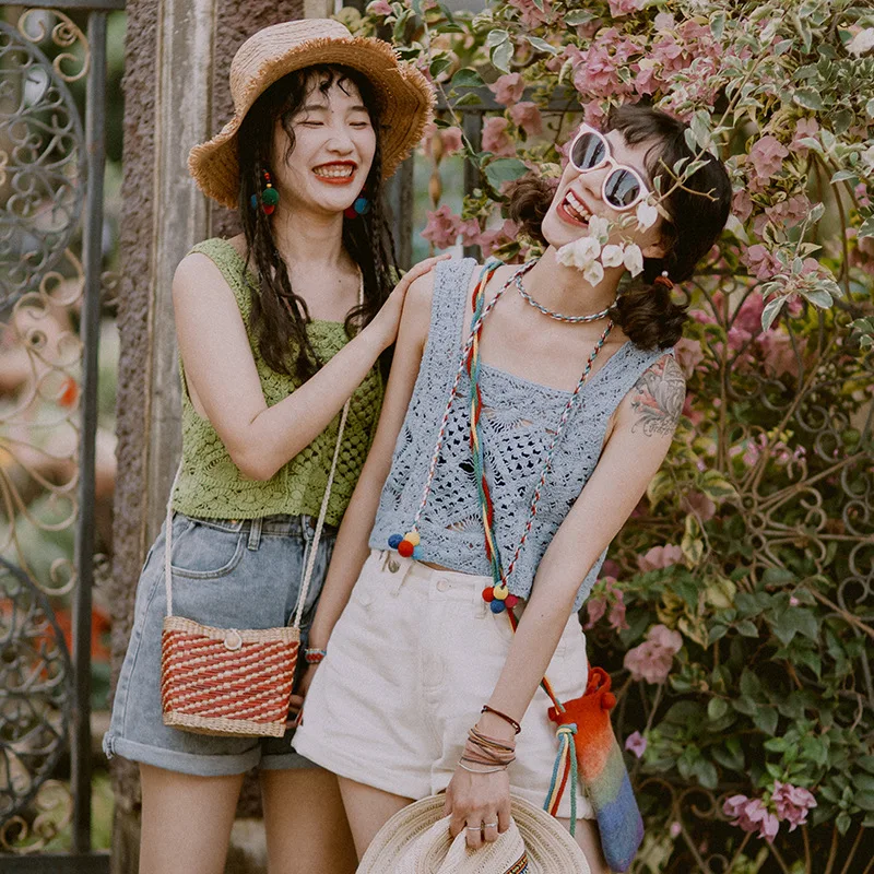 

Bohemian Knitted Hollow Out Suspender Vest Women's Outerwear Blouse Island Holiday wear Thai Travel Clothes Blue