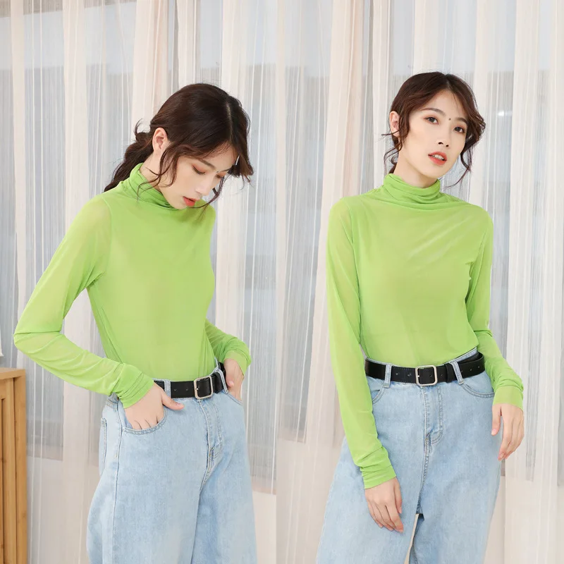 

Elegant Women Mesh Top Long Sleeve T-Shirt Sexy Chic Transparent Turtleneck Tee Shirts y2k Top Clothes 2023