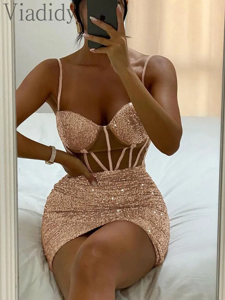 

Women Sexy Deep V Neck Spaghetti Strap Sheer Mesh Patchwork Sequin Dress