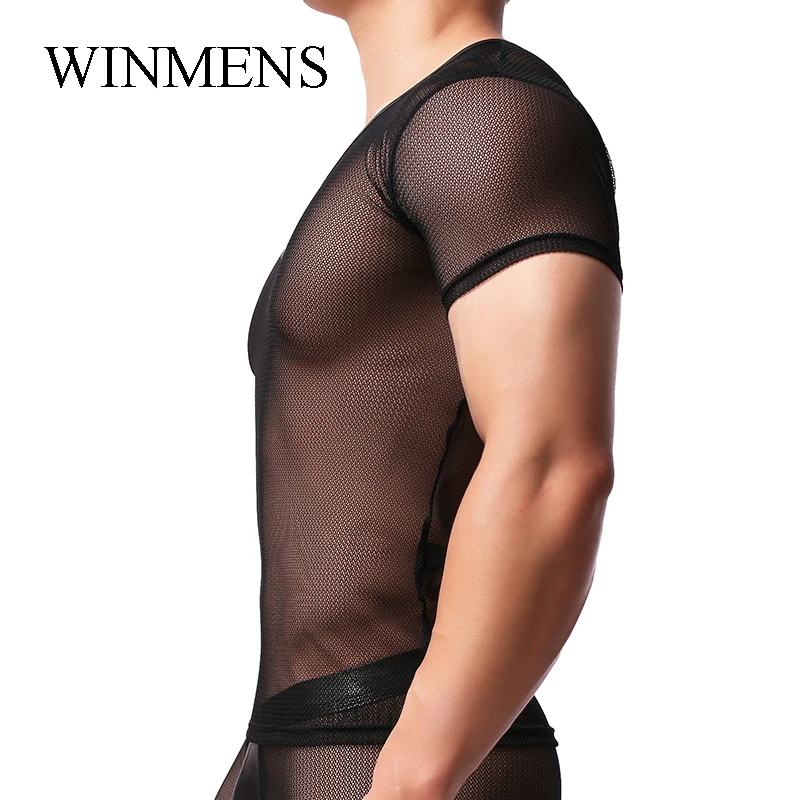 Men's Undershirt Black Mesh See Through Man Short Sleeve Cut-outs Breathable Sissy Sexy Tops V-neck Fitness Bodybuilding Shirts