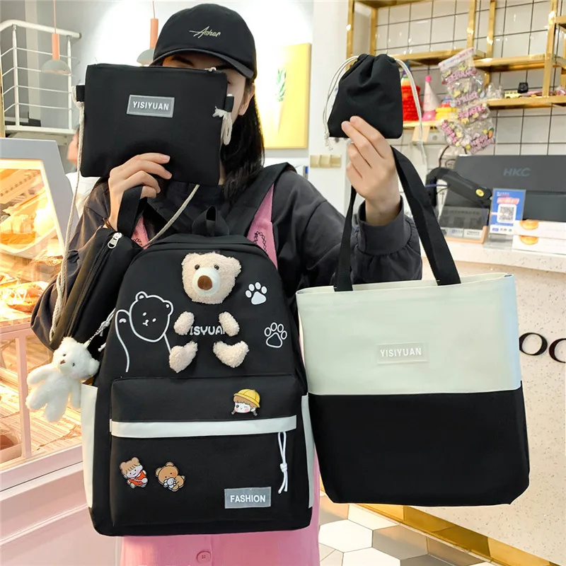

Five-piece Schoolbag Women's Korean-style Cute Bear Doll Junior High School Student Campus Backpack Canvas Student Backpack