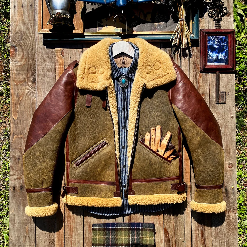 

Мужская куртка из натуральной овечьей кожи, черная теплая куртка-бомбер из овчины B3, с мехом мериноса, большие размеры в европейском и амери...