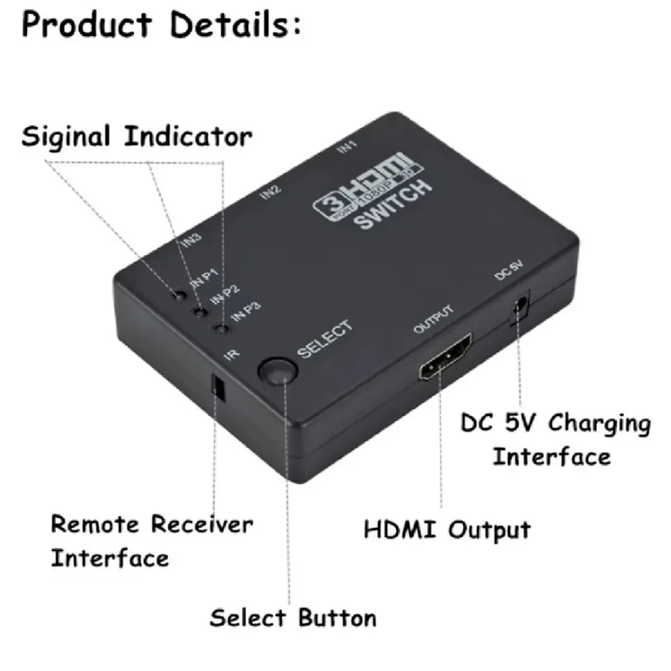 3x1 HDMI Switcher KVM Switches 1080P Switch Adapter 3 Input 1 Output Hub for Xbox PS4 DVD HDTV PC Laptop TV