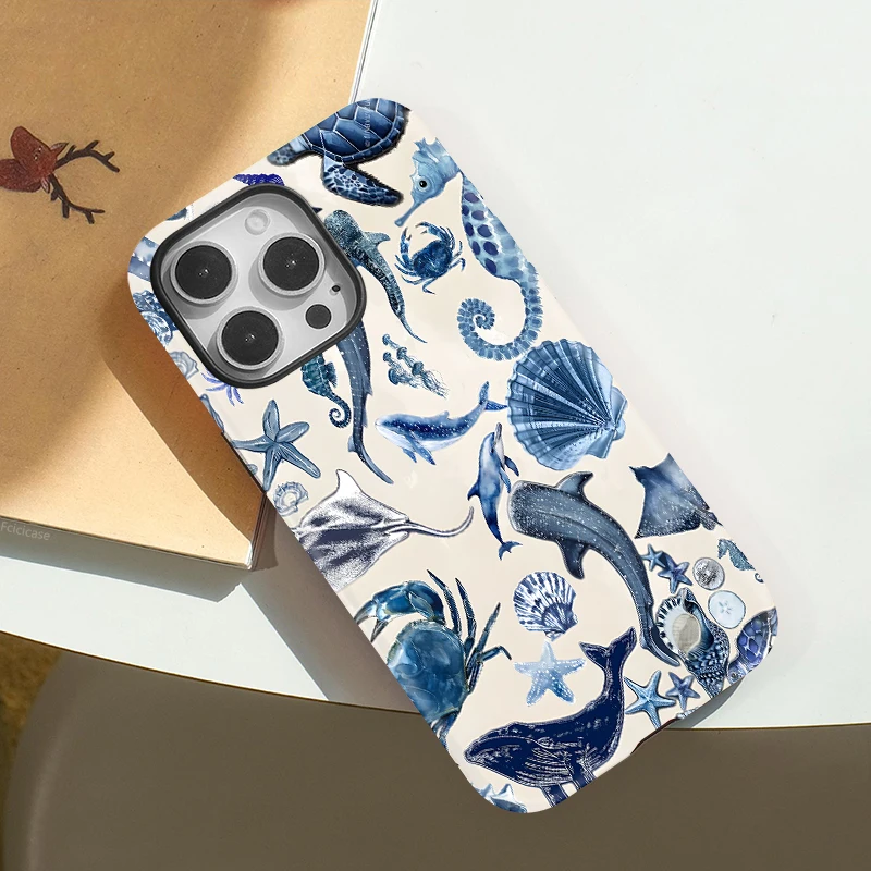 Матовый чехол Fcicicase для iPhone 17, 16, 15 Pro Max, 14 Plus, 12, 13, 11 Air, совместимый с MagSafe, 2-в-1, магнитный, с изображением акулы и морских животных (art.: 3920da45fa546) - 3920da45fa546