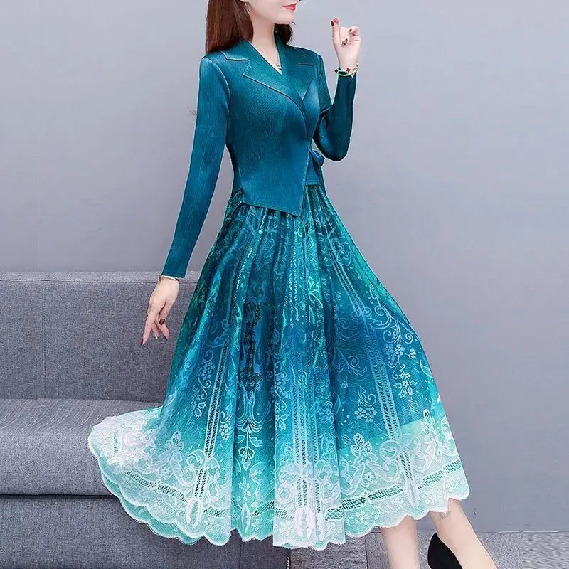 

Autumn New Tie Dye Contrast Elegant Ladies Dress Long Sleeve V Neck Lace Patchwork Midi Dress Fashion Vintage Women Clothing