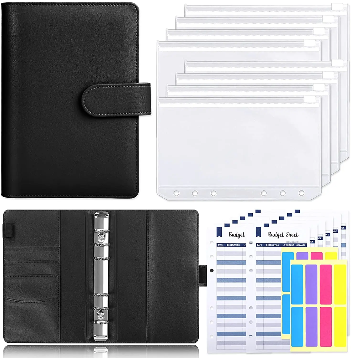 

23 Pieces A6 PU Leather 6 Ring Binder Budget System with 8PCS Binder Pockets,12PCS Expense Budget Sheets with 2 Label Stickers