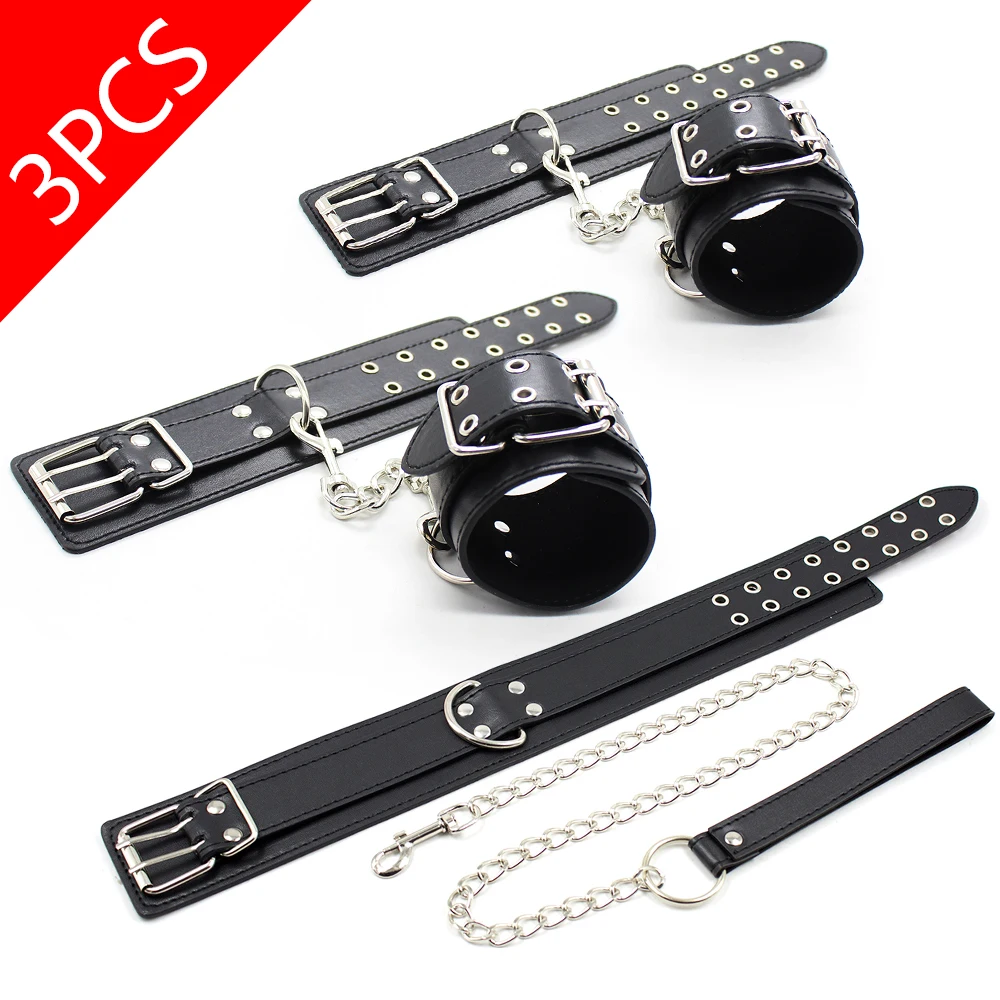 

BDSM Sex Toys Black PU Leather Hand Cuffs Ankle Cuffs Slave Collar Fetish Bondage Restraints Kit For Couples Flirt Adult Games