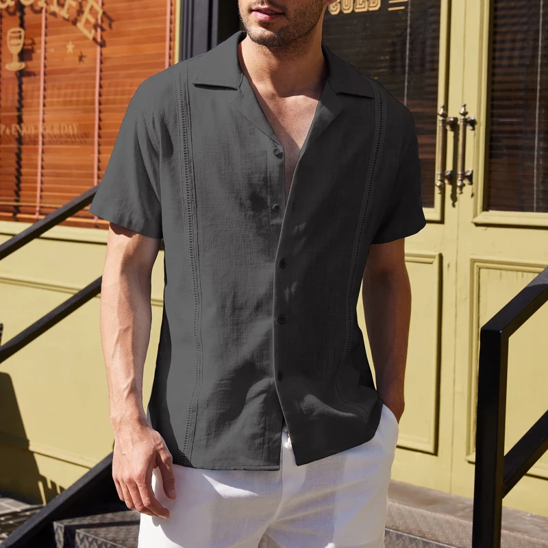 2022 Linen Short Sleeve Shirt Men's Hawaiian Loose Casual Holiday Fashion Solid Color Summer Buttons Beach Short Sleeve Tops