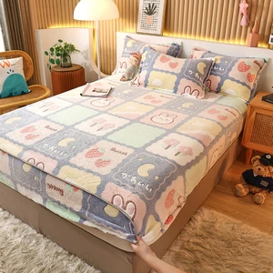 DIMI Mattress Protector Cover Super Soft King Size Double Bed Bed Sheet Winter Warm Cartoon Flannel Elastic Band Fitted Sheet