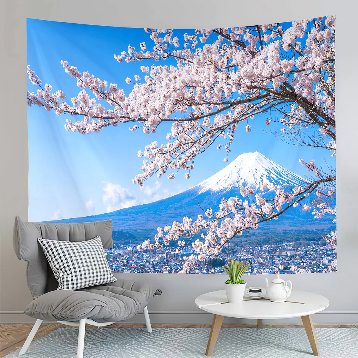 

Japanese Pink Cherry Blossoms Tapestry Sakura Mountain Fuji Tapestry Creativity Tapestries Home Living Room Bedroom Dorm Decor