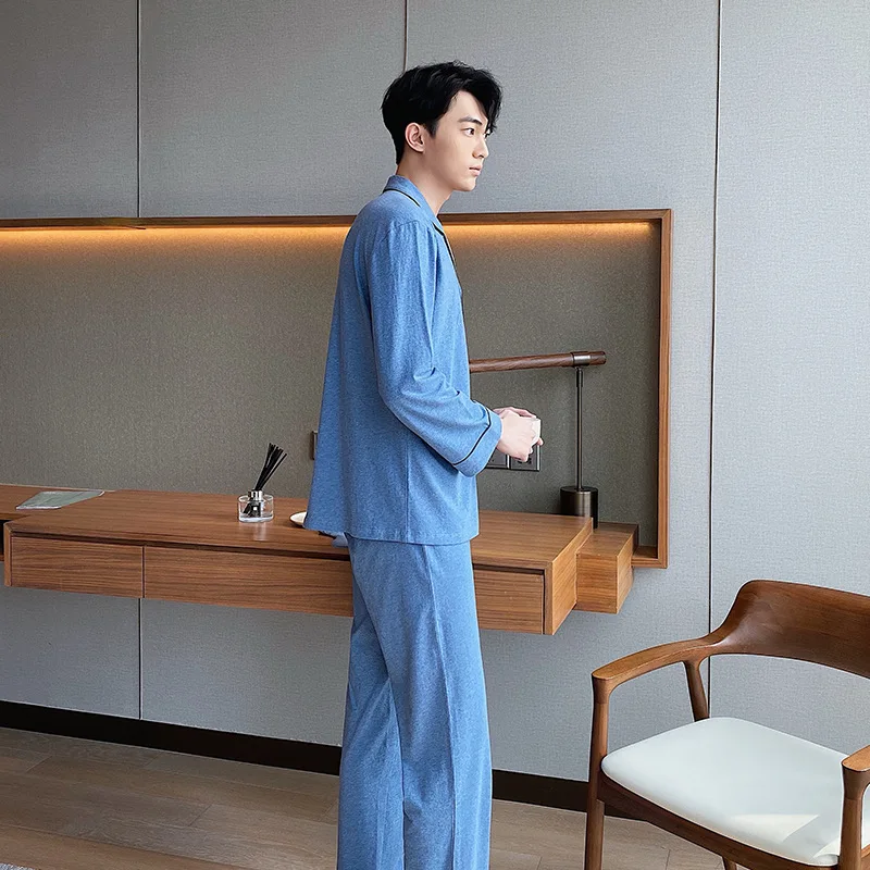 Men's Pajamas Set Colored Cotton Long Sleeve Home Clothes Suit Spring Autumn Sleepwear